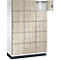Kast met 12 compartimenten in houtlook. Eén compartiment open.