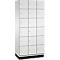 Witte kast met 15 compartimenten, metalen knoppen, zwarte basis.