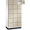 Kast met 16 compartimenten, één deur open. Houtlook met zwarte lijnen, zilveren knoppen, witte body.