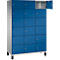 Blauwe locker met een open deur. 15 vakken met deurgrepen en zilverkleurig frame.