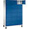 Een locker met blauwe deuren, één deur open. De locker heeft meerdere compartimenten.