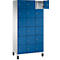 Blauwe locker met open deur, meerdere compartimenten.