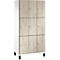 Kast met negen compartimenten, houtlook, lichte deuren, donkere frames, metalen handgrepen, staand op zwarte poten.