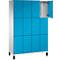 Kast met blauwe deuren, een deur is open. De kast staat op zwarte poten.