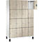 Kast met 16 compartimenten met houtlook, één compartiment open. De compartimenten hebben kleine knoppen en donkere frames.