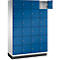 Een kast met 20 blauwe compartimenten, een deur open.