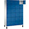 Blauwe locker met open vak. Staand op een zilveren frame, veel kleine vierkante deuren.