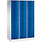 Blauwe locker met witte zijpanelen. Het heeft verschillende compartimenten en kleine zilveren handgrepen.