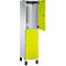 Ein Schrank in Weiß und Neongelb, die Tür steht offen. Im Inneren sind Haken zu sehen.
