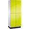 Ein Schrank mit vier neongelben Türen. Die Türen sind quadratisch angeordnet und haben kleine silberne Knöpfe.
