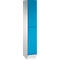Kast met lichtgrijs frame en twee turkoois deuren, met twee zilveren handgrepen.