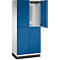 Blauw-witte locker, één deur open. Binnenin haken en een plank.