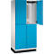 Blauw-witte locker, één deur open. Binnenin haken voor kleding. Zwarte basis.
