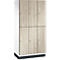 Kast met zes compartimenten, houtlook, grijze deurlijsten en handgrepen.