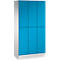 Blauwe kast met zes deuren, zilveren knoppen. Onderste deel wit.