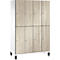Kast met houten deuren, metalen handgrepen en zwarte poten. Lichtbruine deuren met houtnerf, een witte behuizing.