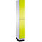 Kast met twee gele deuren, naast wit frame, zwarte basis. Zilveren handgrepen.