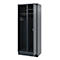 Dark grey locker with open door. Inside hooks and shelves, the door shows ventilation slots.