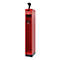 Red, narrow cabinet with barcode scanner. Top scanner, below drawer, open compartments and hooks.