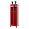 Red ski cabinet with black handles and hooks for ski poles.