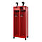 Red locker with two compartments. Two black ski poles on top. Hooks for other accessories.
