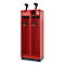 Red locker with two compartments, two knobs on top and hooks for jackets.
