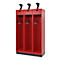 Red cabinet with three compartments, each with a holder for golf clubs and a black handle on top.