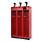 Red locker with three compartments. Black hooks are at the top. Cabinet doors, hooks and shelves.