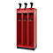 Red locker with three compartments. Black elements on top. Hooks for hanging hangers. Grey base.