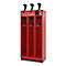 Red locker with three compartments for golf clubs, hooks, and shelves. Black golf club heads on top.
