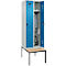C+P Evolo Plus garderobekast, 2 vakken van elk 300 mm breed, bankje eronder, B 600 x D 815 x H 2120 mm, draaigrendel, lichtgrijs/lichtblauw