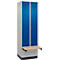 C+P Evolo Plus garderobekast, 2 vakken van elk 300 mm breed, sokkel, zwevende bank, B 600 x D 815 x H 1950 mm, cilinder, blank aluminium/ gentiaanblauw