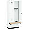C+P Evolo Plus garderobekast, 2 vakken van elk 400 mm breed, plint, zwevende bank, B 800 x D 815 x H 1950 mm, cilinder, verkeerswit/verkeerswit