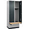 C+P Evolo Plus garderobekast, 2 vakken van elk 400 mm breed, sokkel, zwevende bank, B 800 x D 815 x H 1950 mm, cilinder, blank aluminium/antracietgrijs