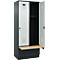 C+P Evolo Plus garderobekast, 2 vakken van elk 400 mm breed, sokkel, zwevende bank, B 800 x D 815 x H 1950 mm, draaibare grendel, antracietgrijs/lichtgrijs