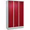 C+P Evolo Plus garderobekast, 3 vakken, 400 mm vakbreedte, met plint, rechts scharnierend, B 1200 x D 500 x H 1950 mm, cilinder, lichtgrijs/ruinrood