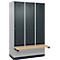 C+P Evolo Plus garderobekast, 3 vakken van elk 400 mm breed, sokkel, zwevende bank, B 1200 x D 815 x H 1950 mm, cilinder, blank aluminium/antracietgrijs