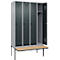 C+P Evolo Plus garderobekast, 4 vakken, elk 300 mm breed, zwevende bank, B 1200 x D 815 x H 2120 mm, draaischroef, blank aluminium/antraciet