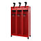 Red locker with three compartments. Each compartment has a drawer at the top and hooks inside. Three black tops on top of the locker.