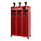 Red locker with three compartments, hooks, and hat shelves. Black helmets are placed on top.