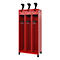 Red locker with three compartments, equipped with hooks and shelves, with a black top.