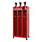Red locker with three compartments. Black knobs on top, hooks and shelf inside.