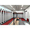 Changing room with white lockers, red accents and wooden benches. Ceiling lighting and windows.