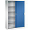 Kantoorkast met wit frame en blauwe schuifdeur, gedeeltelijk geopend, met legplanken.