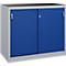 Een blauwe metalen kast met schuifdeuren, een zilveren frame en een zwart werkblad tegen een lichte achtergrond.
