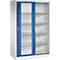 Kantoorkast met wit frame en blauwe glazen schuifdeur voor open planken.
