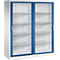 Een witte metalen kast met twee blauwe schuifdeuren met glazen ramen en vier interne planken.