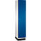 Kast met witte kast en blauwe deur met handvat. Zwarte voet.