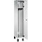 Witte metalen locker met open deur, binnenin een haakstrip en plank.