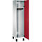 Open witte kast met rode deur, haakrail en zwarte basis.